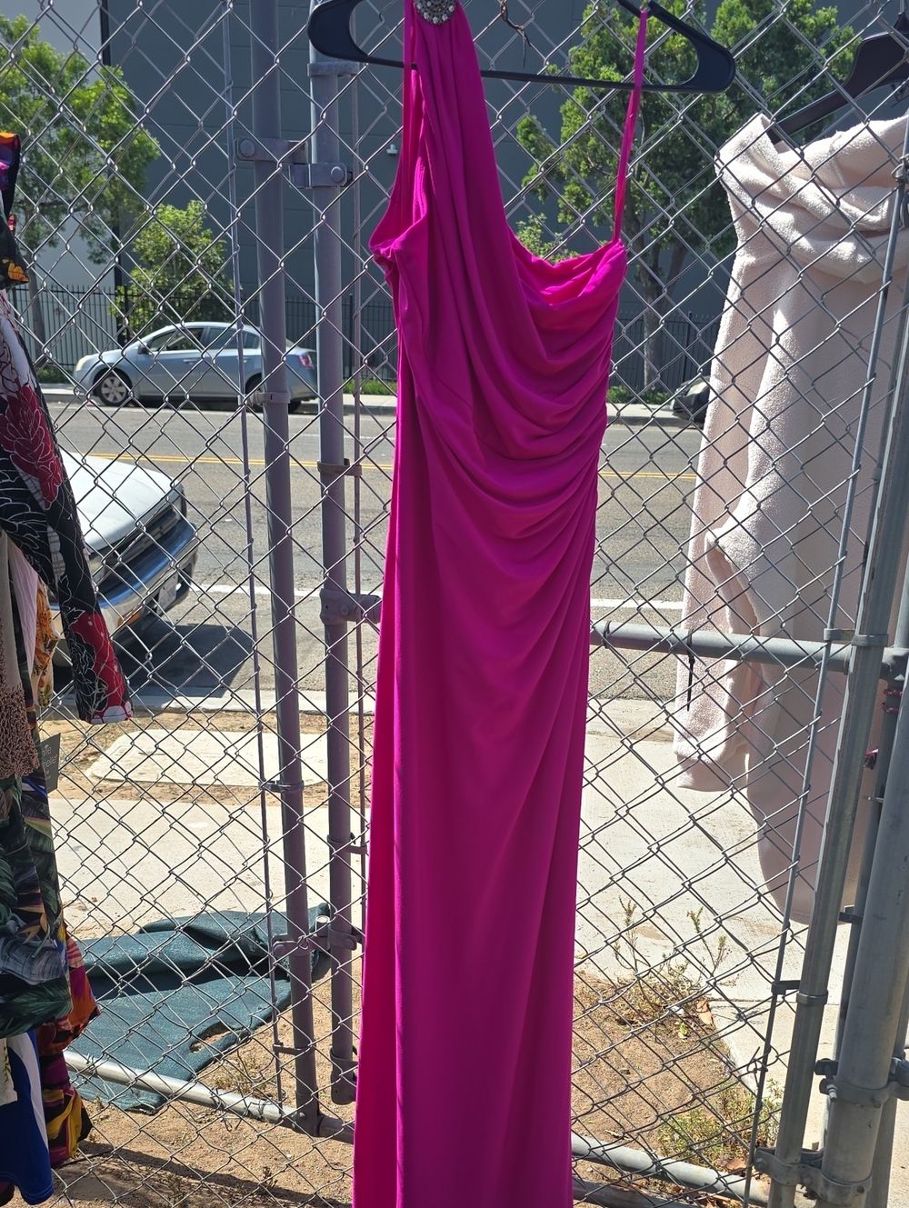 Lauren Ralph Lauren Fuchsia One-Shoulder Ruched Prom Gown